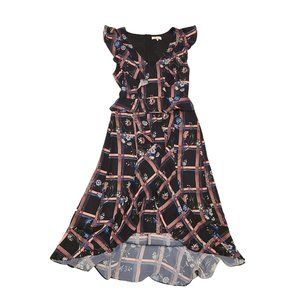 Parker Floral Painterly Plaid V-Neck Ruffle Midi Dress Womens Size S